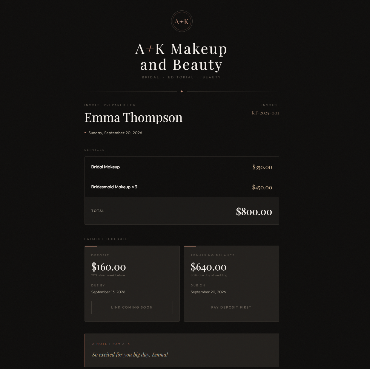 The A+K Invoices app running: a branded invoice showing line items, totals, and Stripe pay buttons.